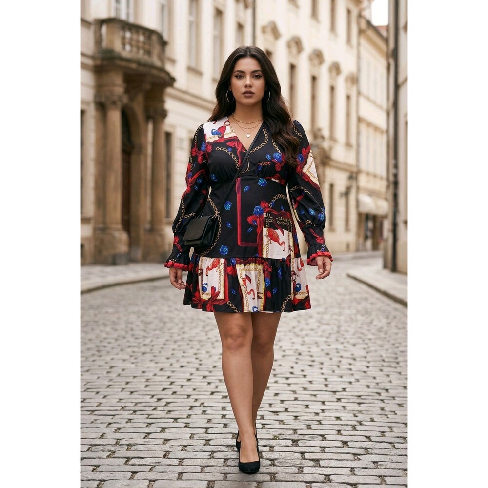 Floral Multicolor Patchwork Long Sleeve Tiered Flare Dress Boho Renaissance